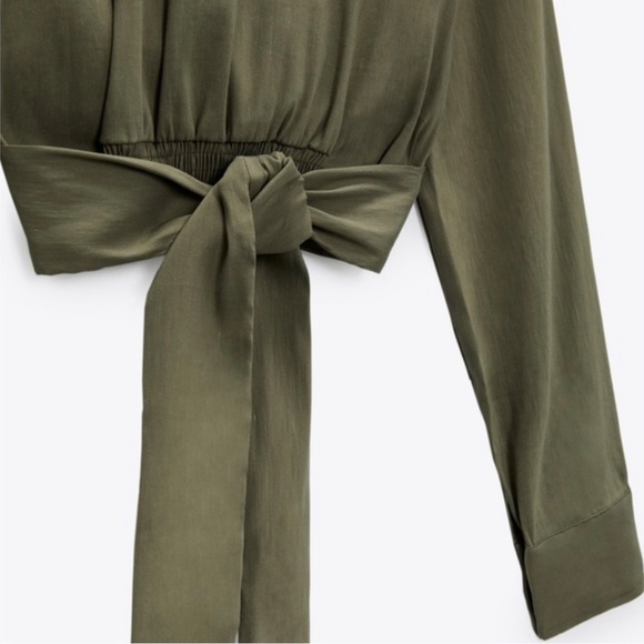 Zara Olive Green Linen Knotted Top - Picture 3 of 3
